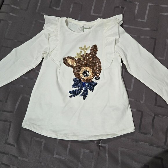 H&M NWT Girls 6X-7 Reindeer Ruffle Tee - Picture 1 of 4